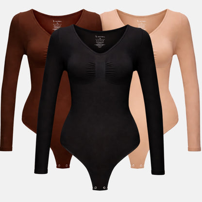 ESTRELL® 3er Set - Shapewear Body Damen Longsleeve mit String Bauchweg Body