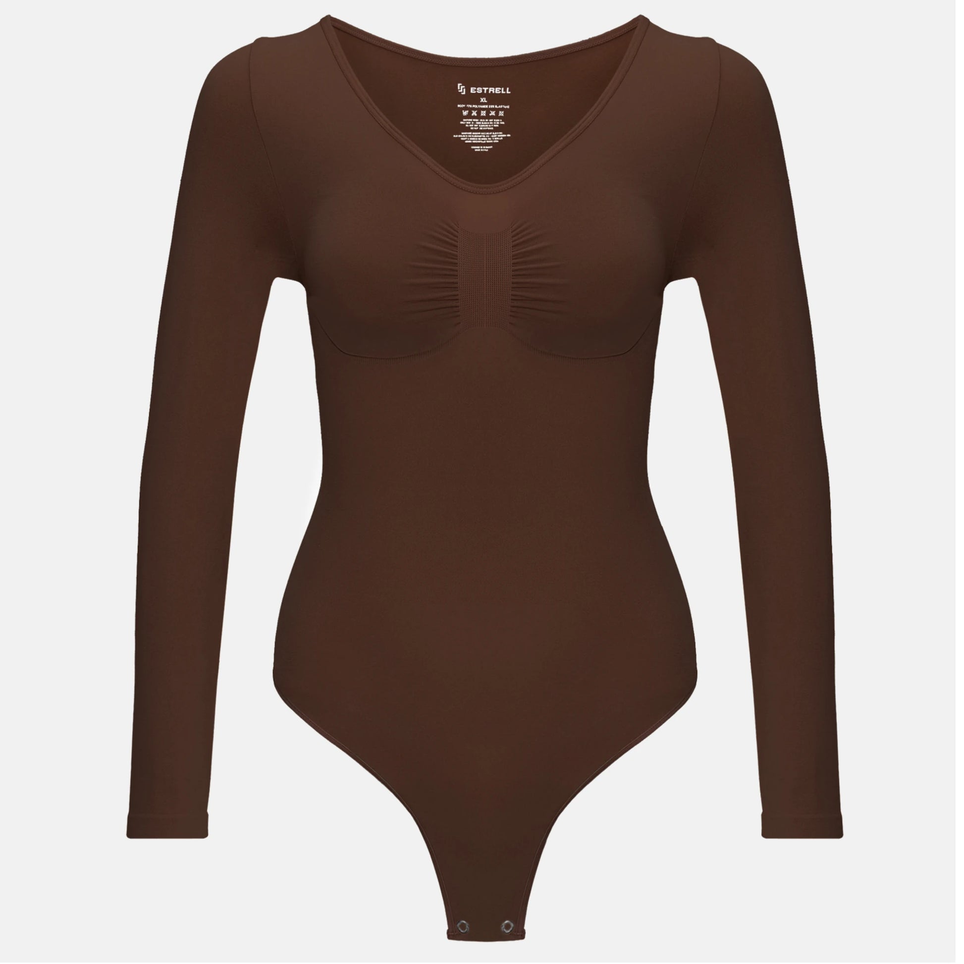 Estrell Nova Longsleeve Shapewear Body in Espresso Brown mit figurformender Passform – Vorderansicht