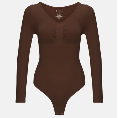 Estrell Nova Longsleeve Shapewear Body in Espresso Brown mit figurformender Passform – Vorderansicht