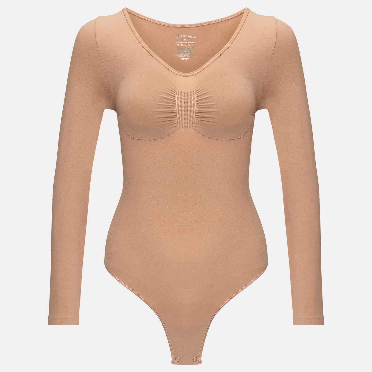 Estrell Nova Longsleeve Shapewear Body in Mink Beige mit figurformender Passform – Vorderansicht