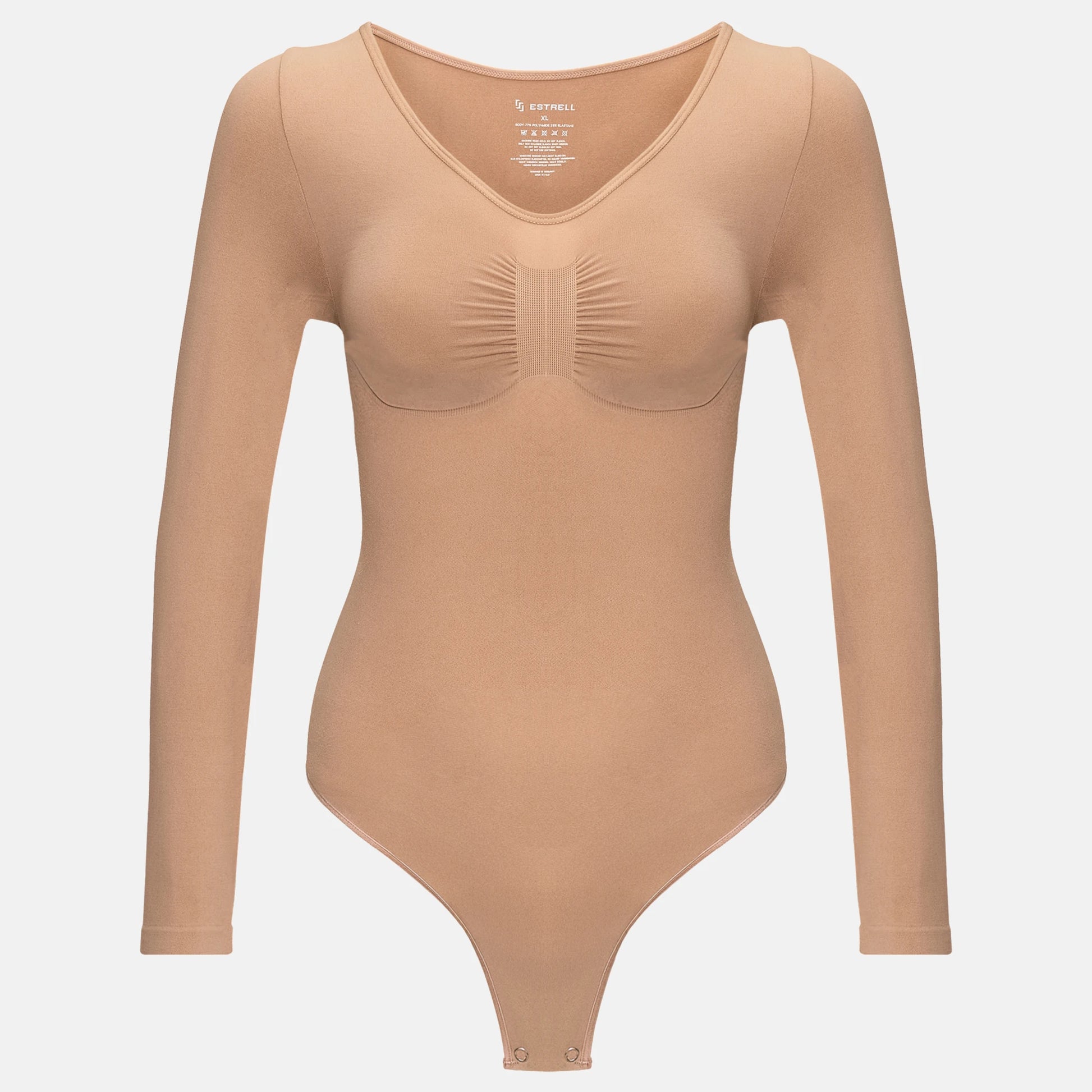 Estrell Nova Longsleeve Shapewear Body in Mink Beige mit figurformender Passform – Vorderansicht