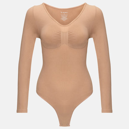 Estrell Nova Longsleeve Shapewear Body in Mink Beige mit figurformender Passform – Vorderansicht