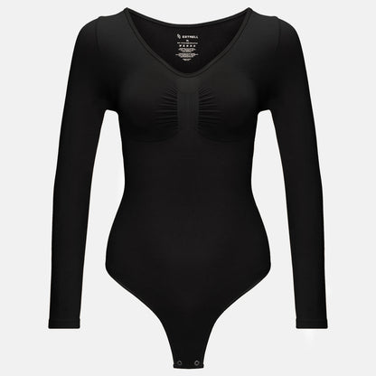 Estrell Nova Longsleeve Shapewear Body in Onyx Black mit figurformender Passform – Vorderansicht